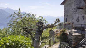 Edificio de piedra con balcón, rodeado de vegetación y vistas a la montaña.