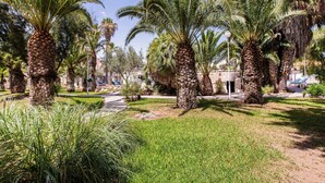 A garden with palm trees and a pathway. - Roquetas Beachside Getaway (Roquetas del Mar)