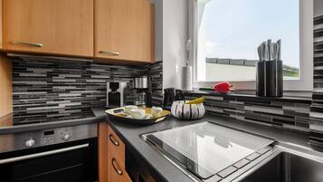 Kühlschrank, Ofen, Herdplatte, Wasserkocher mit Kaffee-/Teezubehör