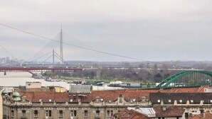 Une vue urbaine mettant en valeur un pont à haubans imposant et un pont en arc verdoyant au premier plan.