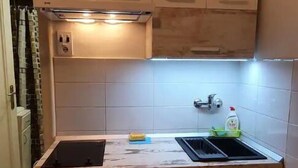 Une cuisine de taille réduite, dotée d’un plan de travail, d’un évier et de placards.