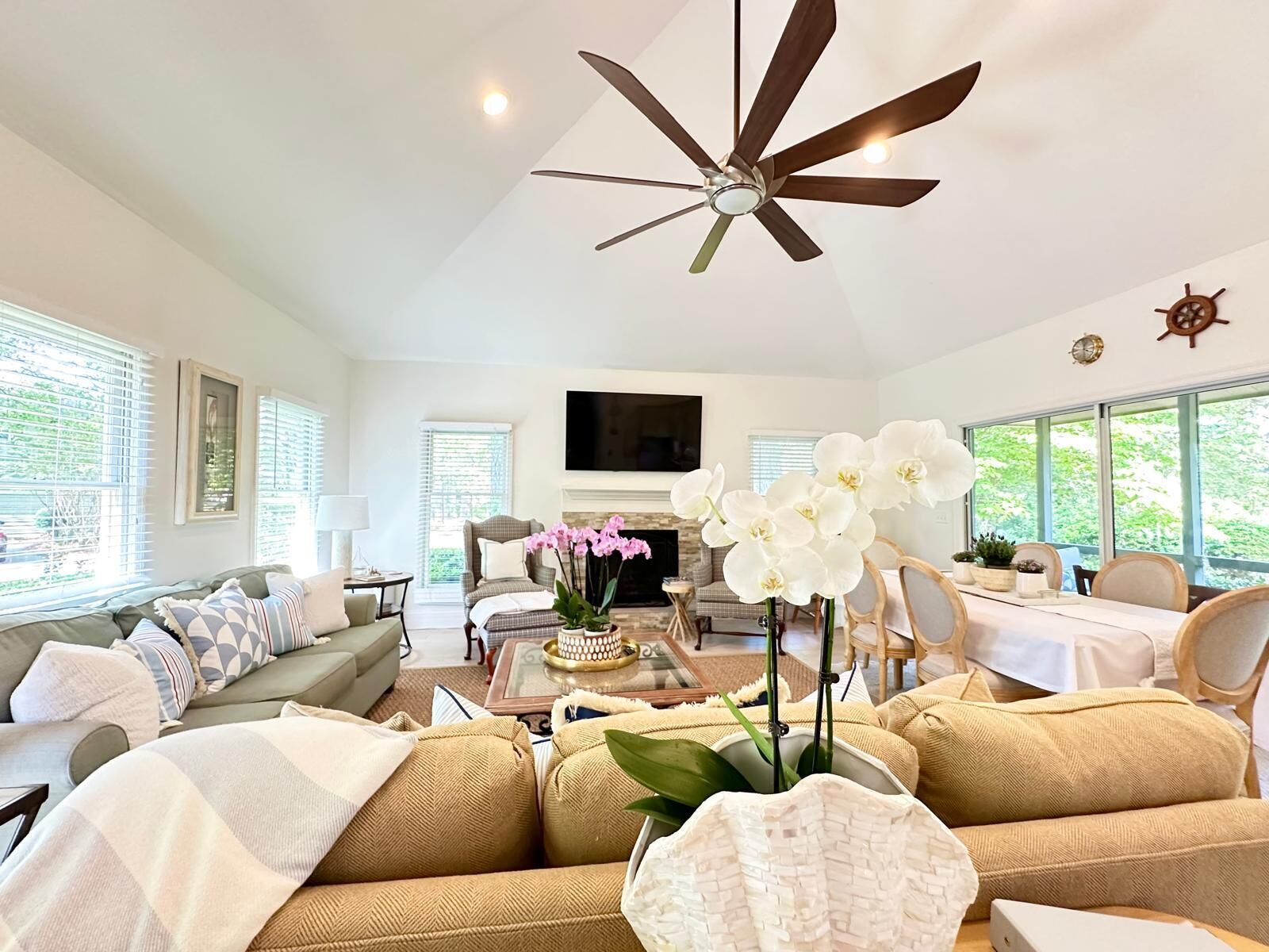 Smart TV, fireplace, books