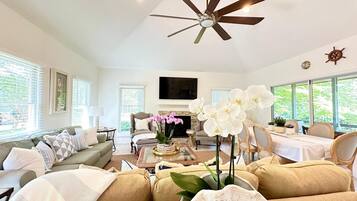 Smart TV, fireplace, books