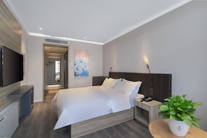 Habitació d'hotel moderna amb llit, taula de nit, televisió i una planta en test.
