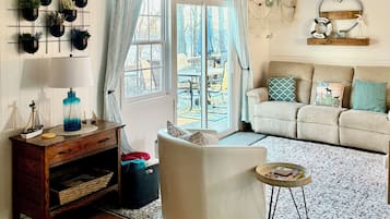 Smart TV, fireplace, video games, DVD player