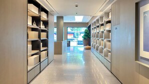 A modern hotel corridor with built-in shelving, a large potted plant, and a view of the outside.