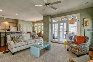 Smart TV, fireplace, books