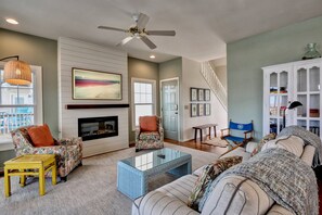 Smart TV, fireplace, books