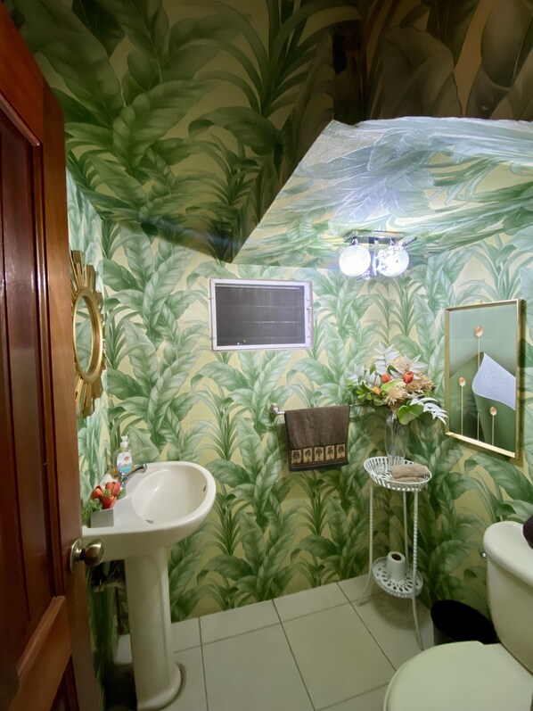 A bathroom with a sink, toilet, and a mirror. The walls are decorated with a green leafy pattern.