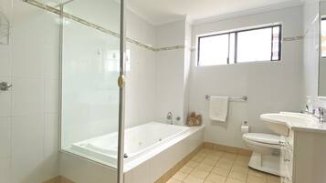 Bathtub, hair dryer, towels