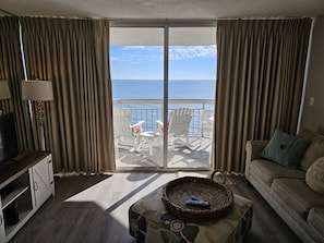 Relax on the balcony with outdoor seating and enjoy the view of the water.