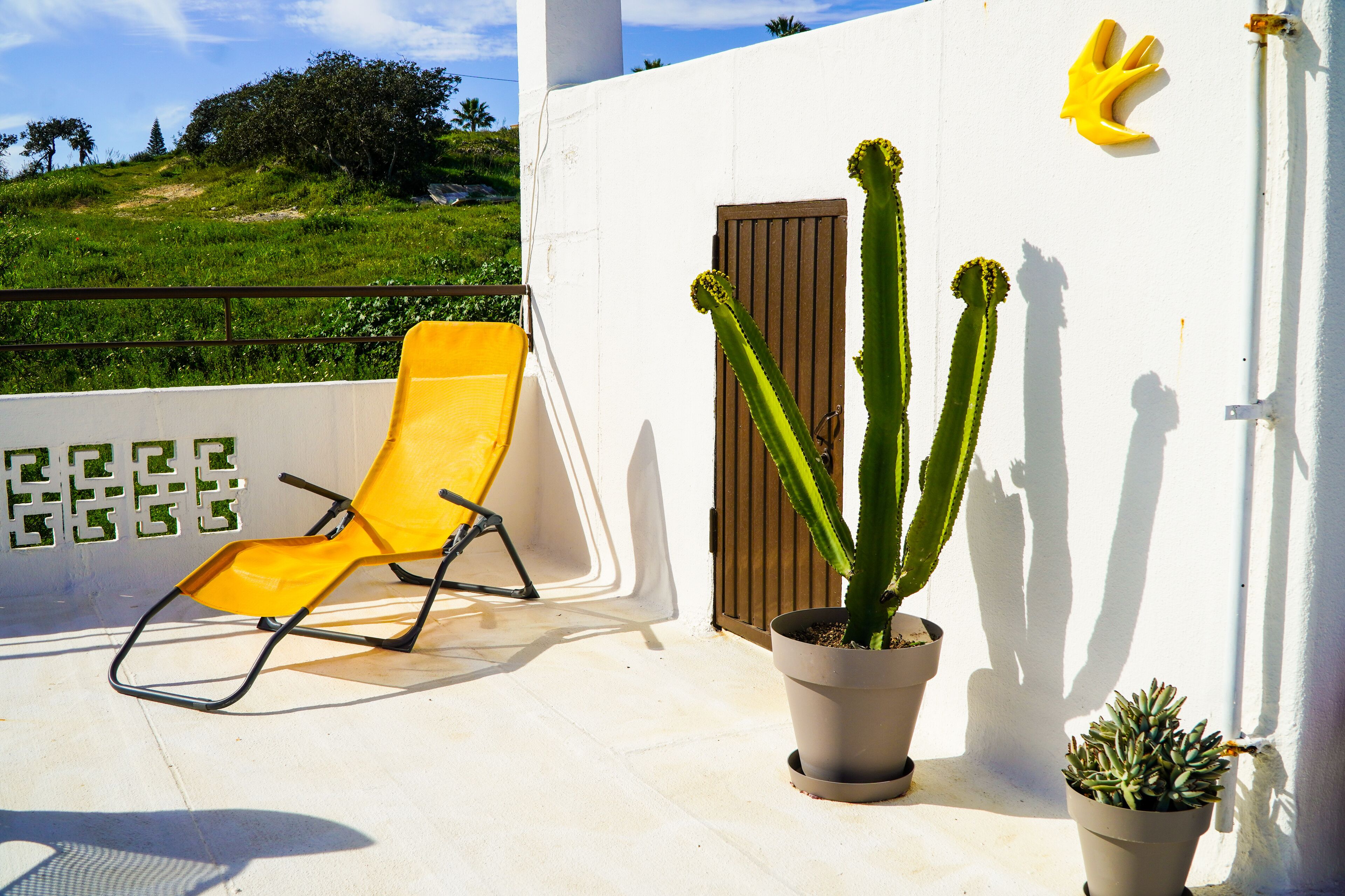 A balcony with a yellow chair, a potted cactus, and a door.
