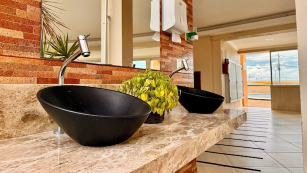 A modern bathroom with a black basin, a small potted plant, and a towel dispenser.