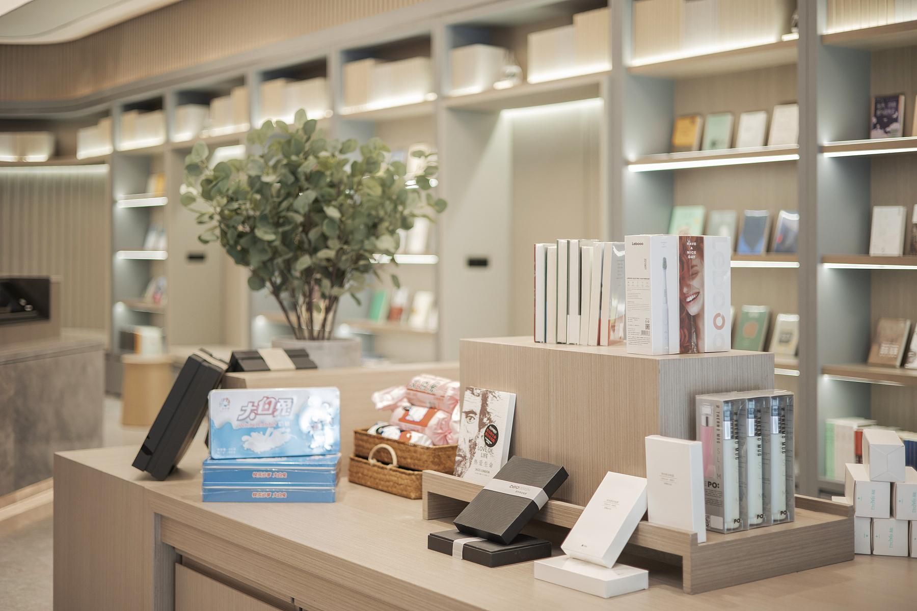 A reception desk with a plant, books, and a display of products.