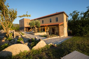 A modern house with a stone facade, a tiled roof, and a paved driveway.
