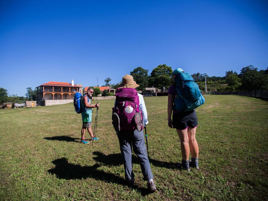 Un campo cubierto de hierba con un edificio al fondo.