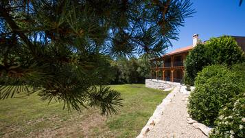 A house with a stone pathway leading to a wooden porch.
