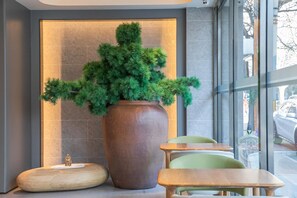Un interior moderno con una planta grande en maceta, una escultura de madera y una zona de estar con una mesa y sillas.