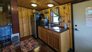 Une cuisine aux murs lambrés, équipée d’un réfrigérateur, d’un four à micro-ondes et d’un évier.