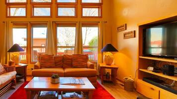 Smart TV, fireplace, DVD player, books
