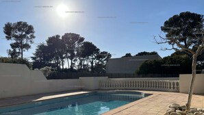 Ein Pool mit Fliesenboden, umgeben von Bäumen und einer weißen Mauer.