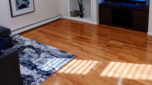 A modern living room with a ceiling fan, a flat-screen TV, a framed abstract painting, a potted plant, and a blue patterned rug. - Home away from home (Elmont)
