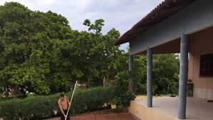 Une piscine dotée d’une terrasse carrelée, entourée de verdure et agrémentée d’un espace couvert avec des colonnes.