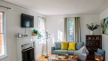 Smart TV, fireplace, books