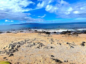 Enjoy a serene beach experience with a sandy shoreline and scenic views of the ocean.