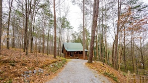 Eine Hütte mit einem Kiesweg, der davor führt, umgeben von hohen Bäumen.