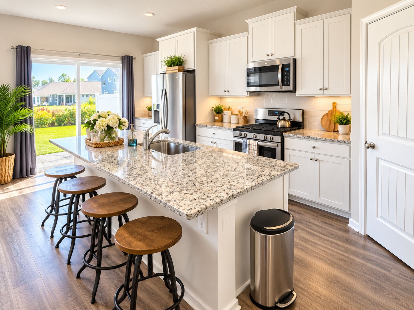 A modern kitchen with white cabinetry, a granite countertop, stainless steel appliances, and a view to the outside.