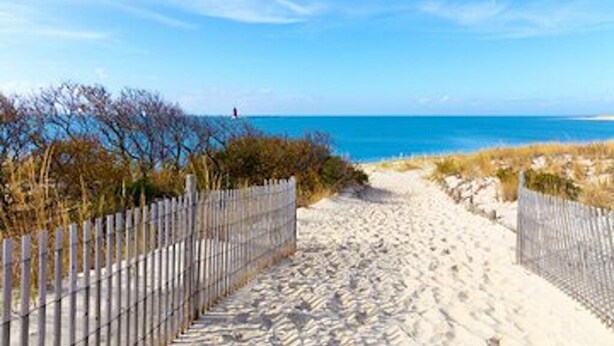 Ein Sandweg am Strand, gesäumt von Holzzaun auf beiden Seiten, der zum Meer führt.