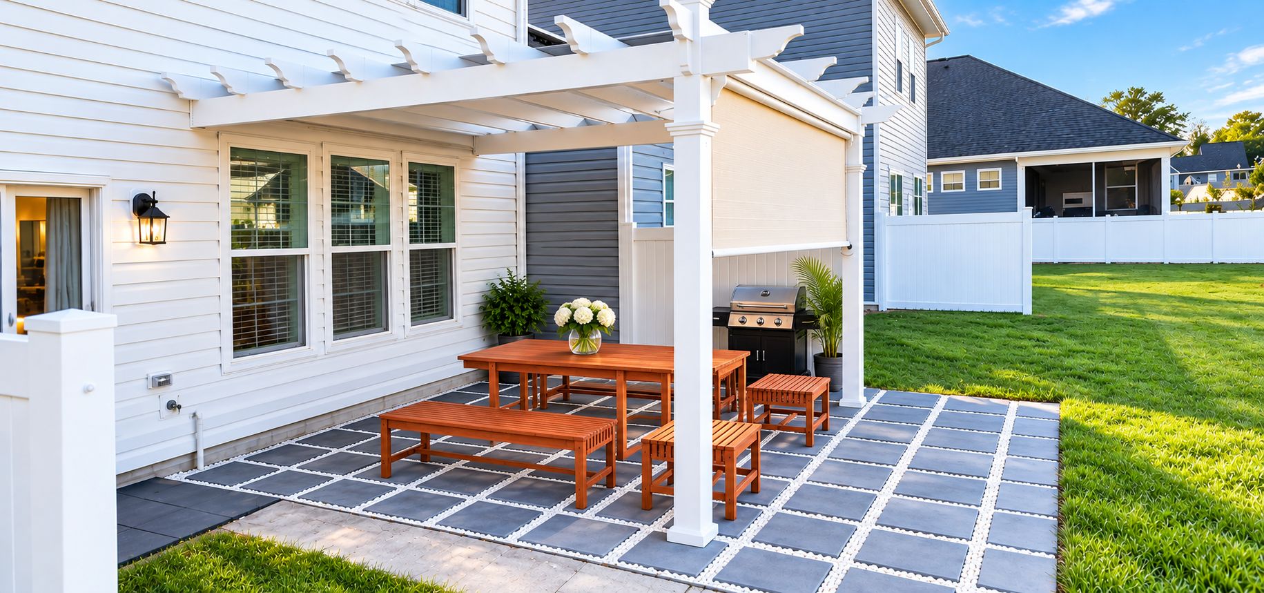 A patio with a wooden table and benches, a grill, and a pergola.