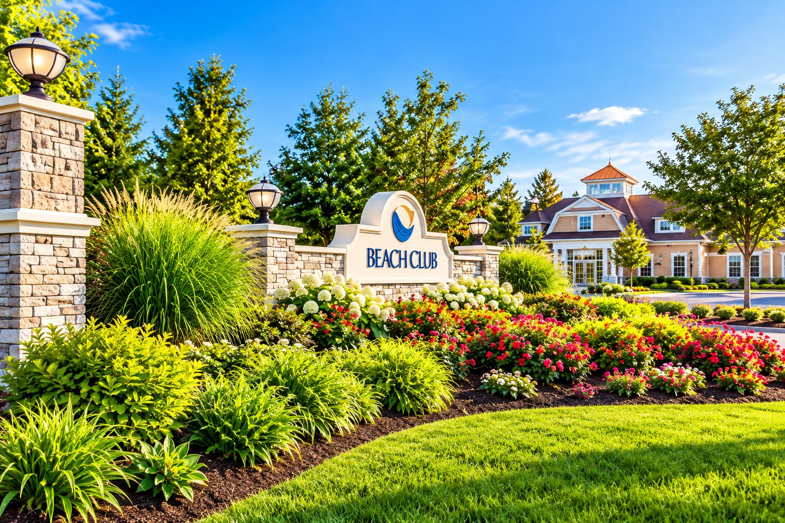 A landscaped entrance with a sign for Beach Club, surrounded by well-maintained gardens and a row of houses.