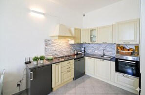 Een koelkast, een oven, een kookplaat, een vaatwasser