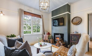 Een gezellige woonkamer met een open haard, comfortabele zitplaatsen en een groot raam.