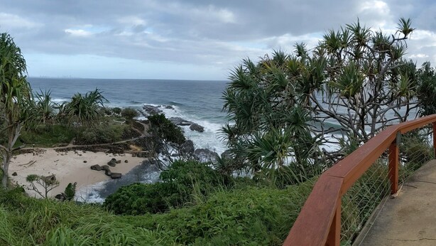 A coastal walkway with a concrete path, surrounded by lush greenery and overlooking the ocean.