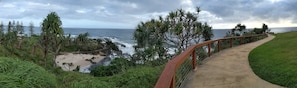 A coastal walkway with a concrete path, surrounded by lush greenery and overlooking the ocean.