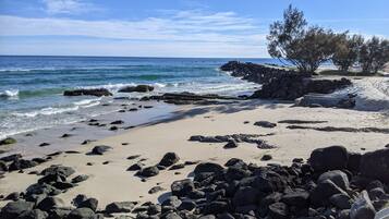 On the beach, sun loungers, beach towels