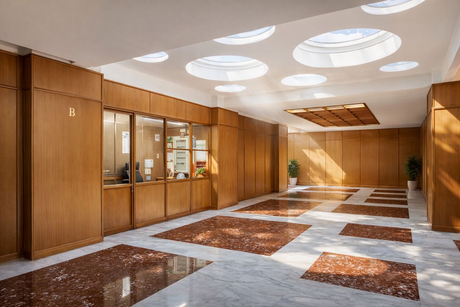 A hallway with wooden paneling, a marble floor, and skylights.