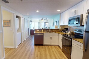Fridge, microwave, dishwasher, coffee/tea maker