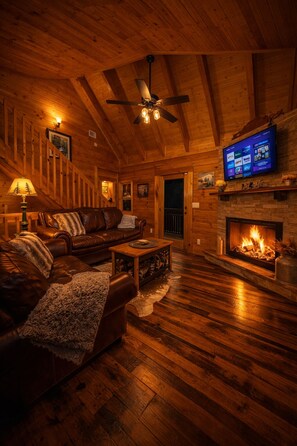 Smart TV, fireplace, books, streaming services