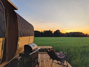 Panoramic Mobile Home, Kitchenette, Garden View (Nature Cabin) | Private kitchen | Fridge, stovetop, coffee/tea maker, electric kettle