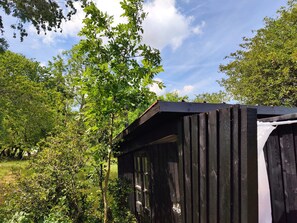 Panoramic Mobile Home, Kitchenette, Garden View (Nature Cabin) | Bathroom | Shower, towels, soap, shampoo