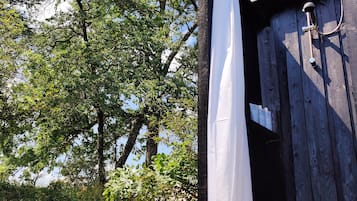 Panoramic Mobile Home, Kitchenette, Garden View (Nature Cabin) | Bathroom | Shower, towels, soap, shampoo