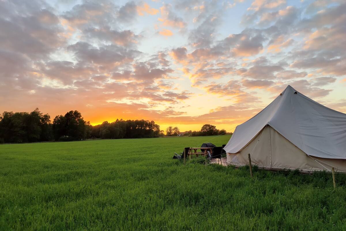 Una carpa montada en un campo cubierto de césped, con un atardecer de fondo.