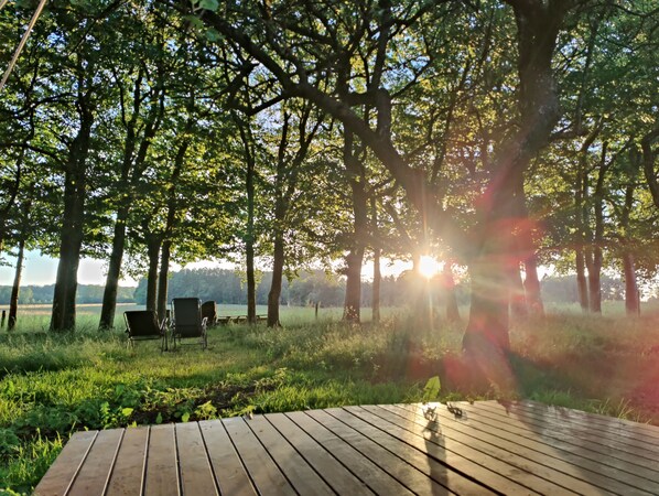 Luksus-telt - tekøkken - udsigt til have (Spaetten)