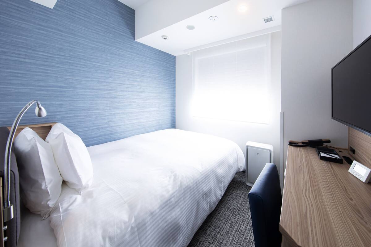 Une chambre d’hôtel avec un lit, un bureau, une télévision et une fenêtre.