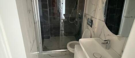 Ein Badezimmer mit einer Duschkabine, einer Toilette und einem Waschbecken mit Spiegel.