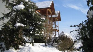 A wooden chalet with a sloped roof, surrounded by snow-covered trees and shrubs. - Double room Buschwindröschen (vacation hotel) - Belvedere-Bio-Hotel garni & Suite (Waldeck)